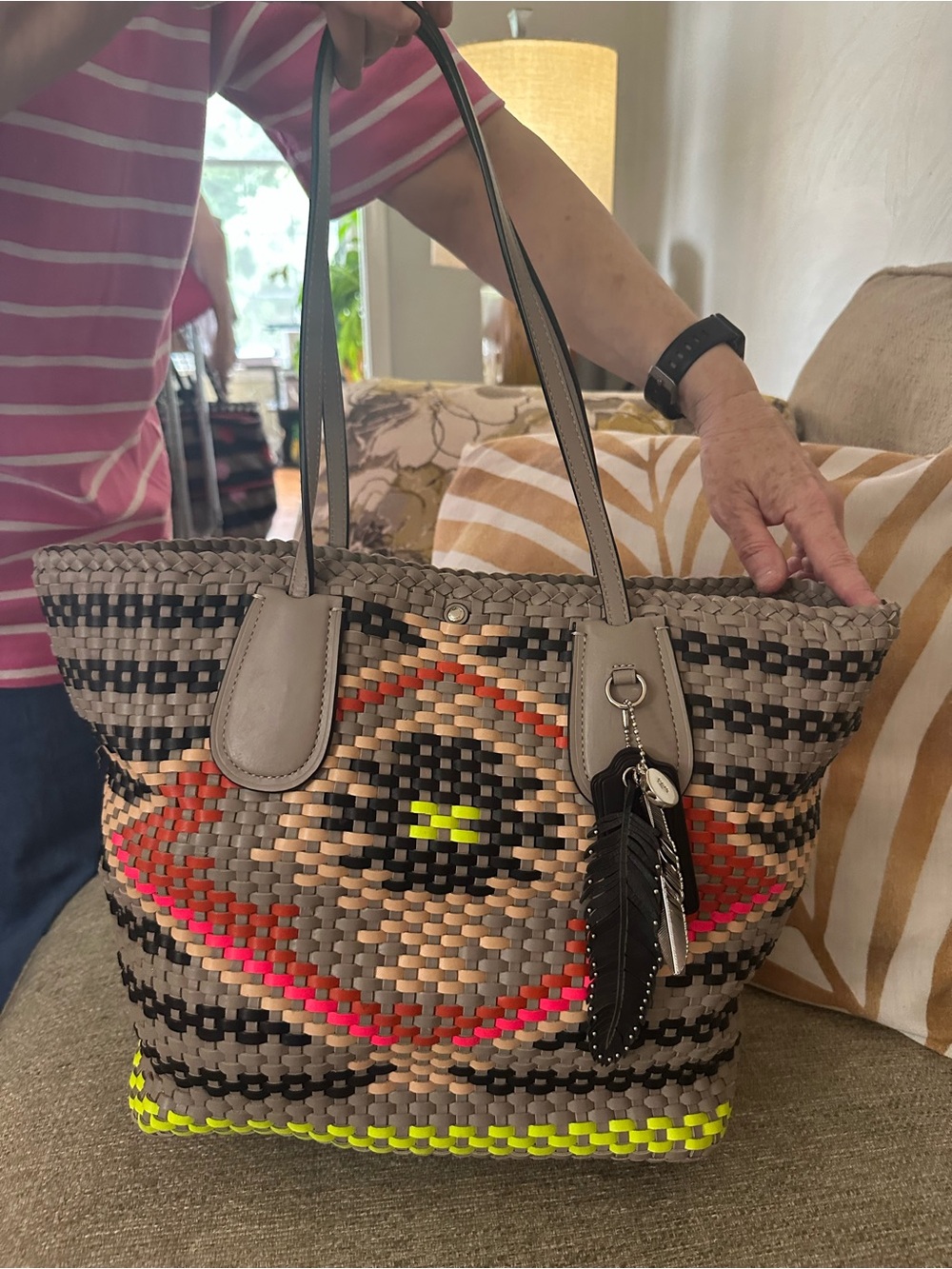 Coach Woven Leather Tote - Brown with Neon Yellow & Red Accents - Picture 12 of 16